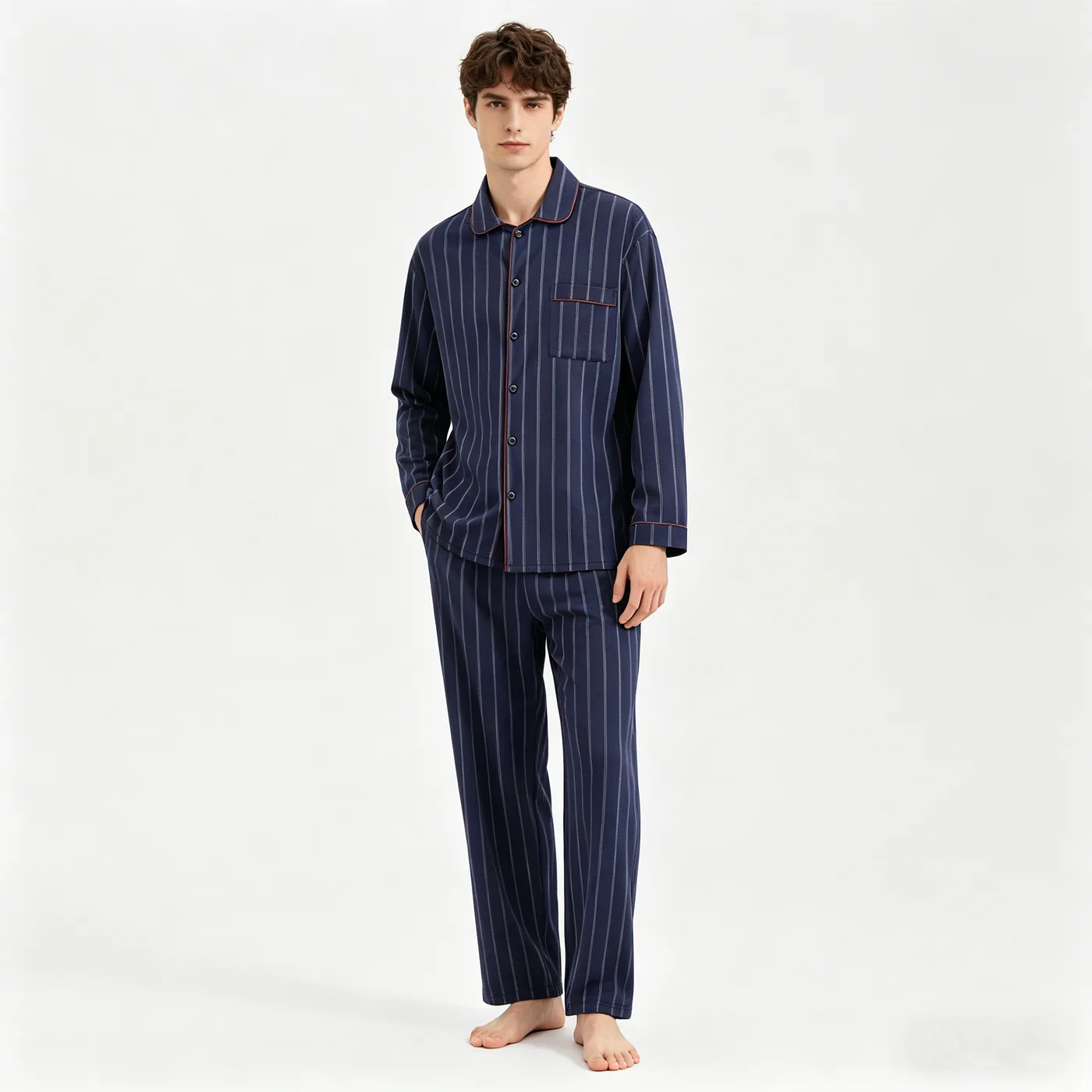 Men's Navy Striped Long Sleeve Pajama Set with Contrast Piping