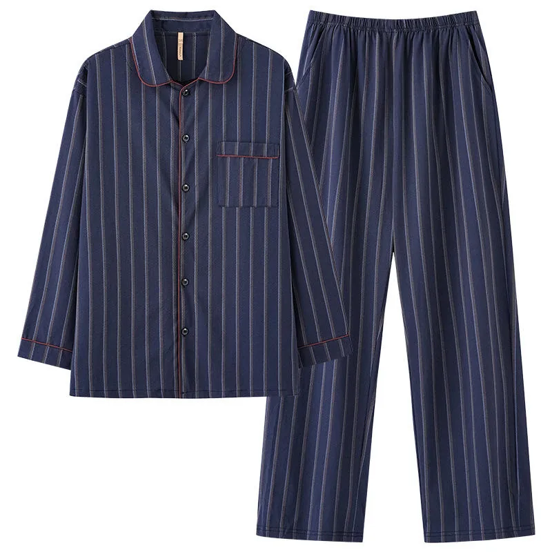 Men's Navy Striped Long Sleeve Pajama Set with Contrast Piping view 3