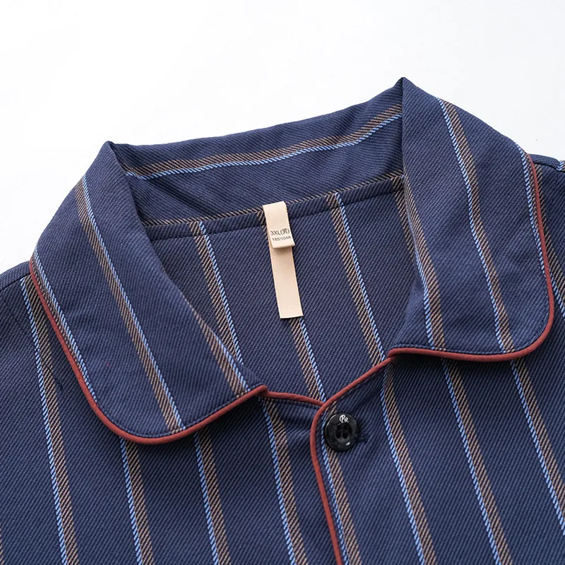 Men's Navy Striped Long Sleeve Pajama Set with Contrast Piping view 4