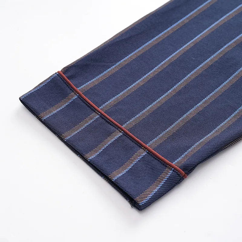 Men's Navy Striped Long Sleeve Pajama Set with Contrast Piping view 6