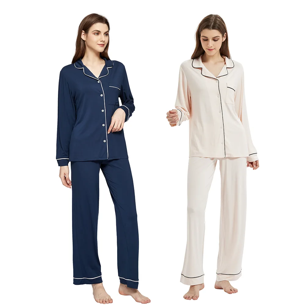 Women's Modal Bamboo Viscose Long Sleeve Pajama Set with Piping view 2