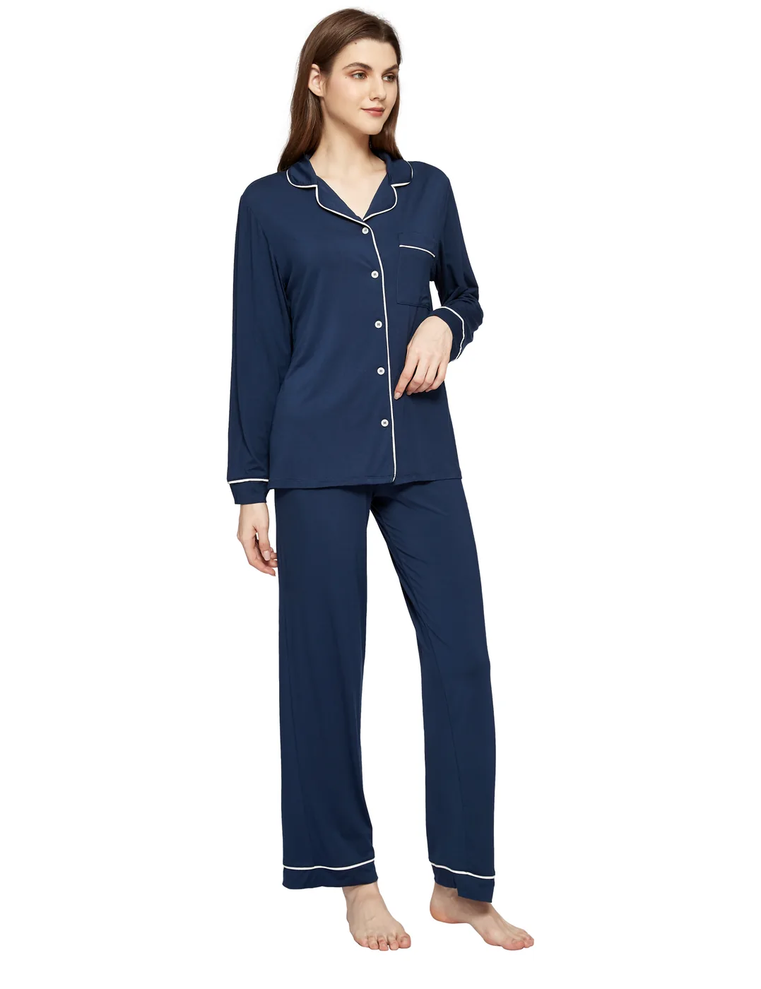 Women's Modal Bamboo Viscose Long Sleeve Pajama Set with Piping view 3