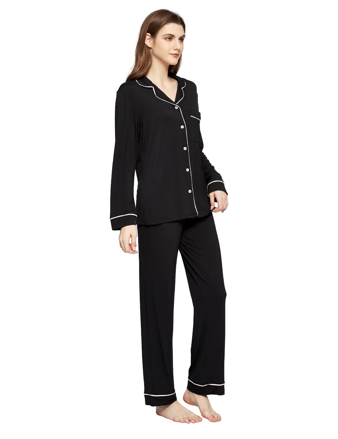 Women's Modal Bamboo Viscose Long Sleeve Pajama Set with Piping view 4