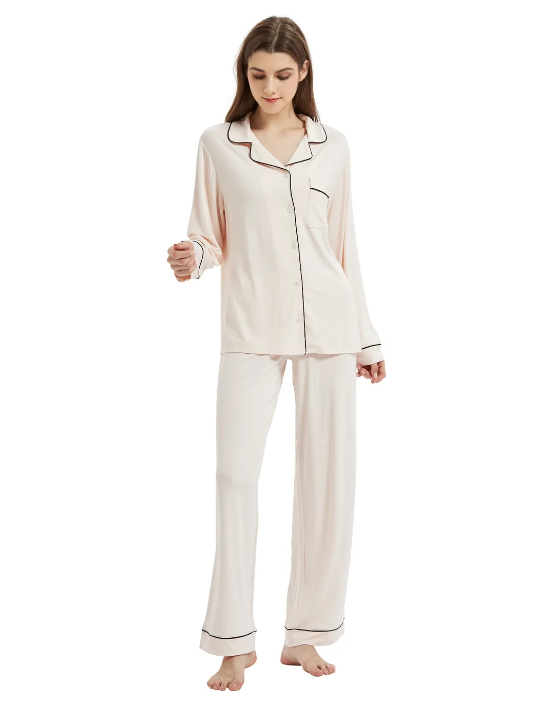 Women's Modal Bamboo Viscose Long Sleeve Pajama Set with Piping view 5