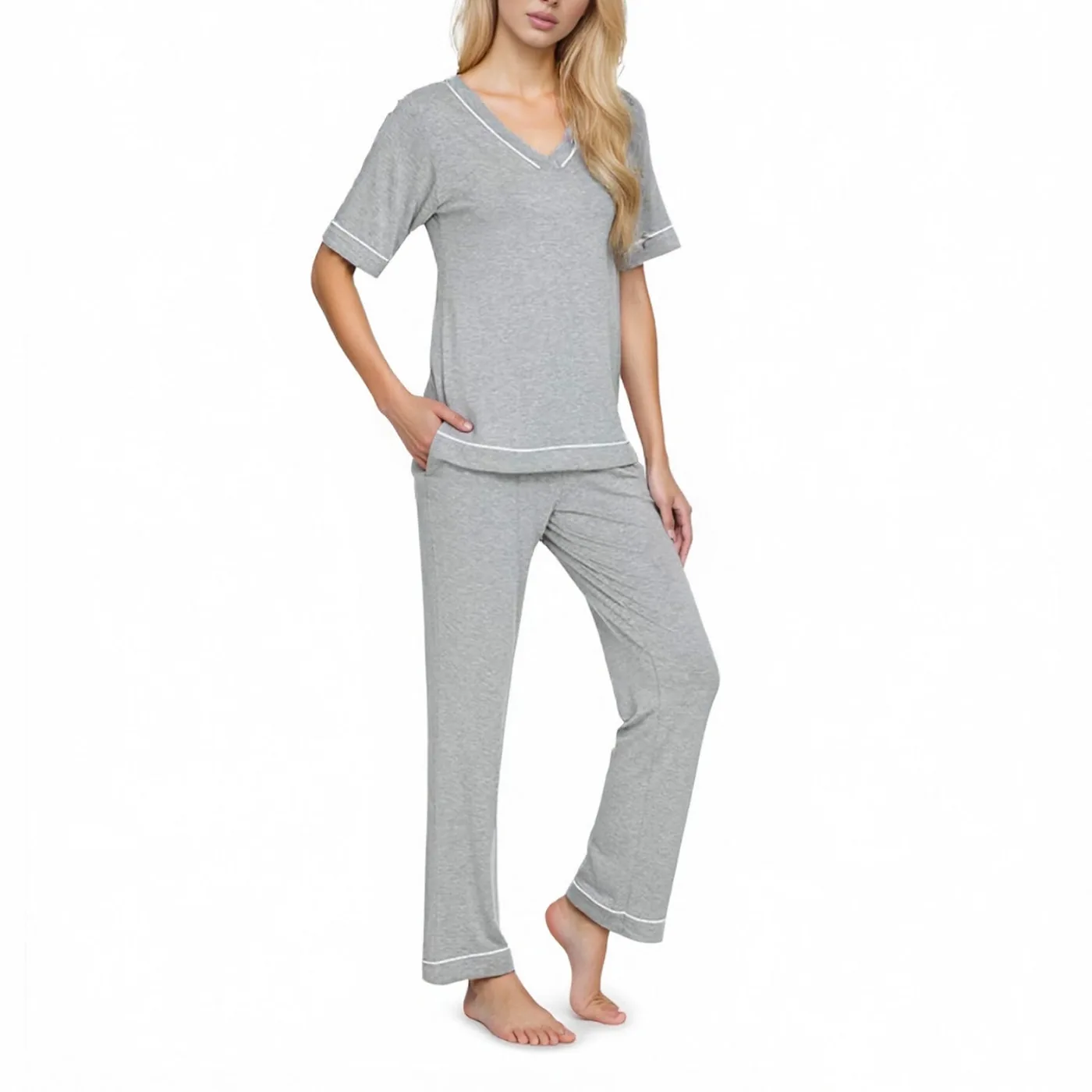 Women's Satin-Style V-Neck Short Sleeve Loungewear Set