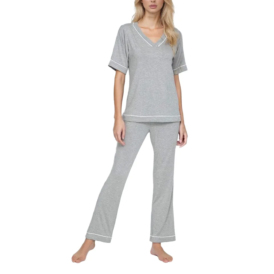 Women's Satin-Style V-Neck Short Sleeve Loungewear Set view 2