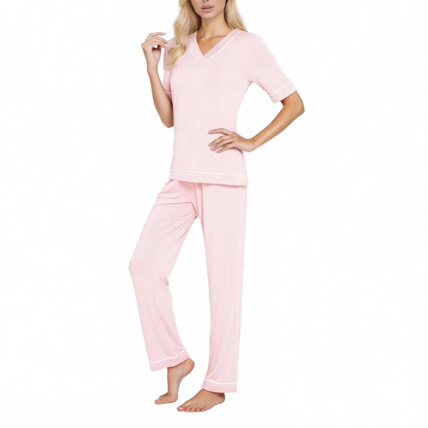 Women's Satin-Style V-Neck Short Sleeve Loungewear Set view 4