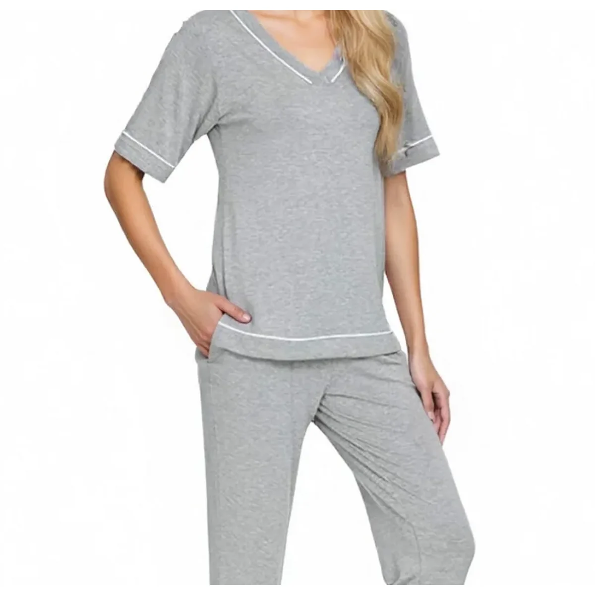 Women's Satin-Style V-Neck Short Sleeve Loungewear Set view 5