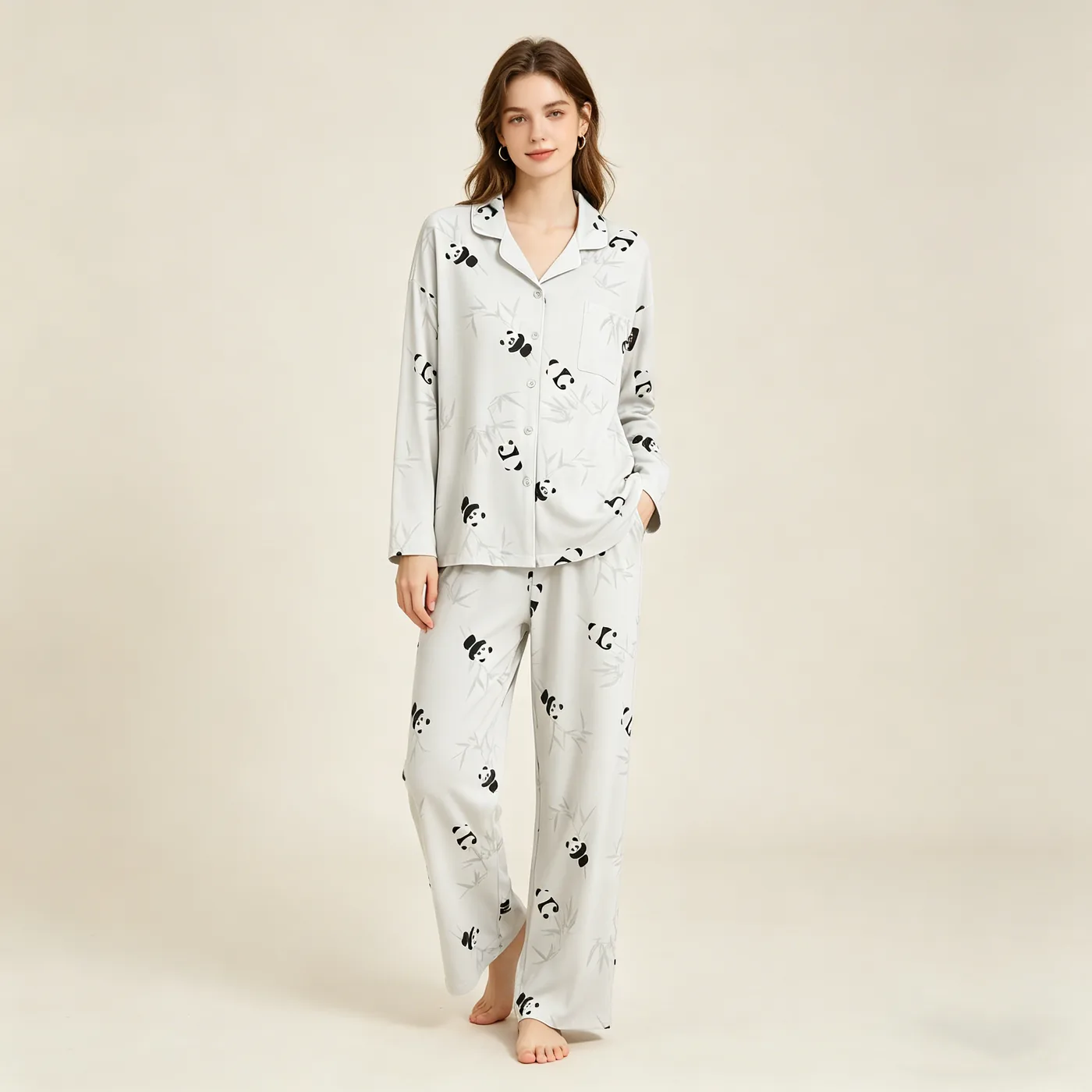 Women's Cotton Knit Panda Print Long Sleeve Pajama Set