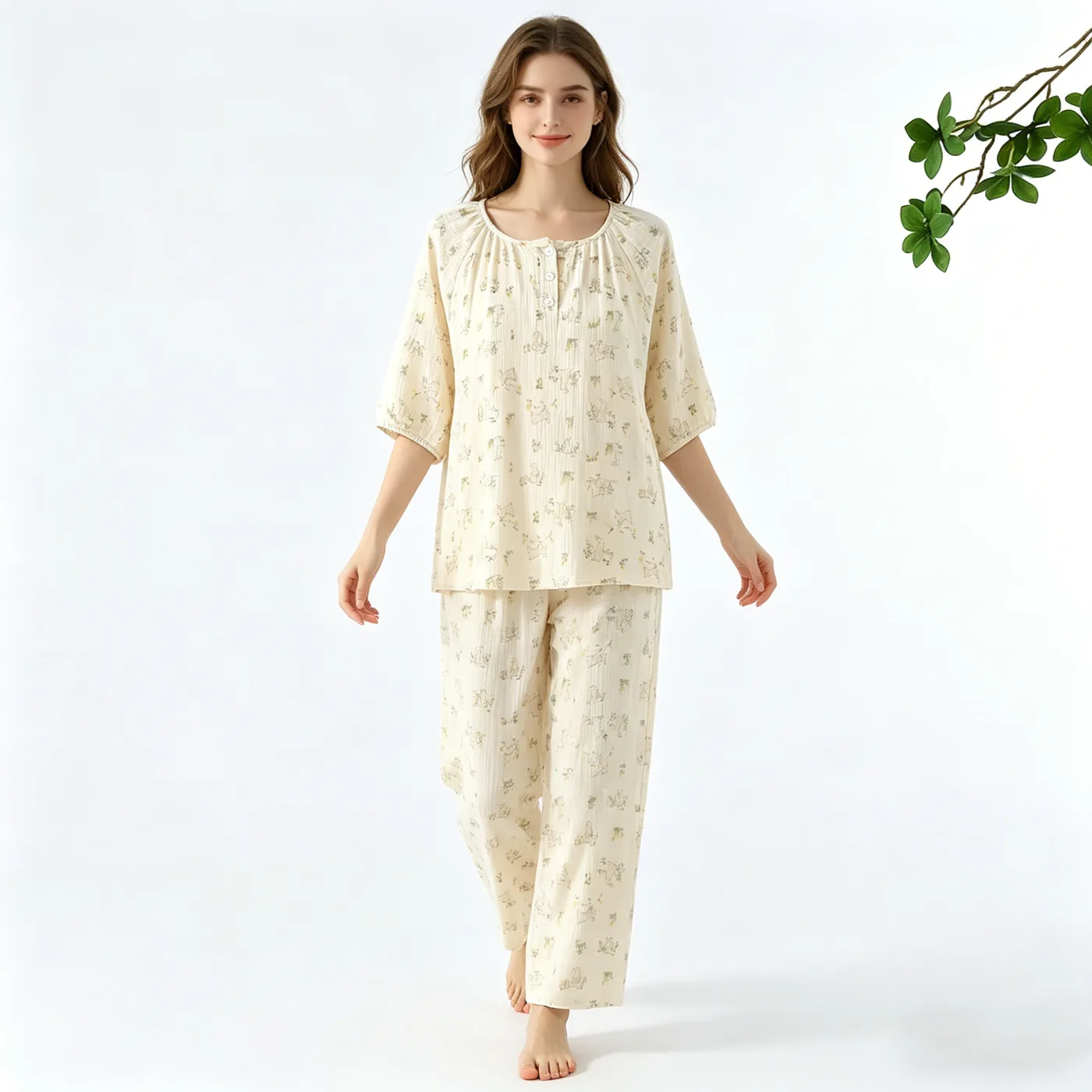 Women's Gauze Cotton Printed Round Neck Pajama Set