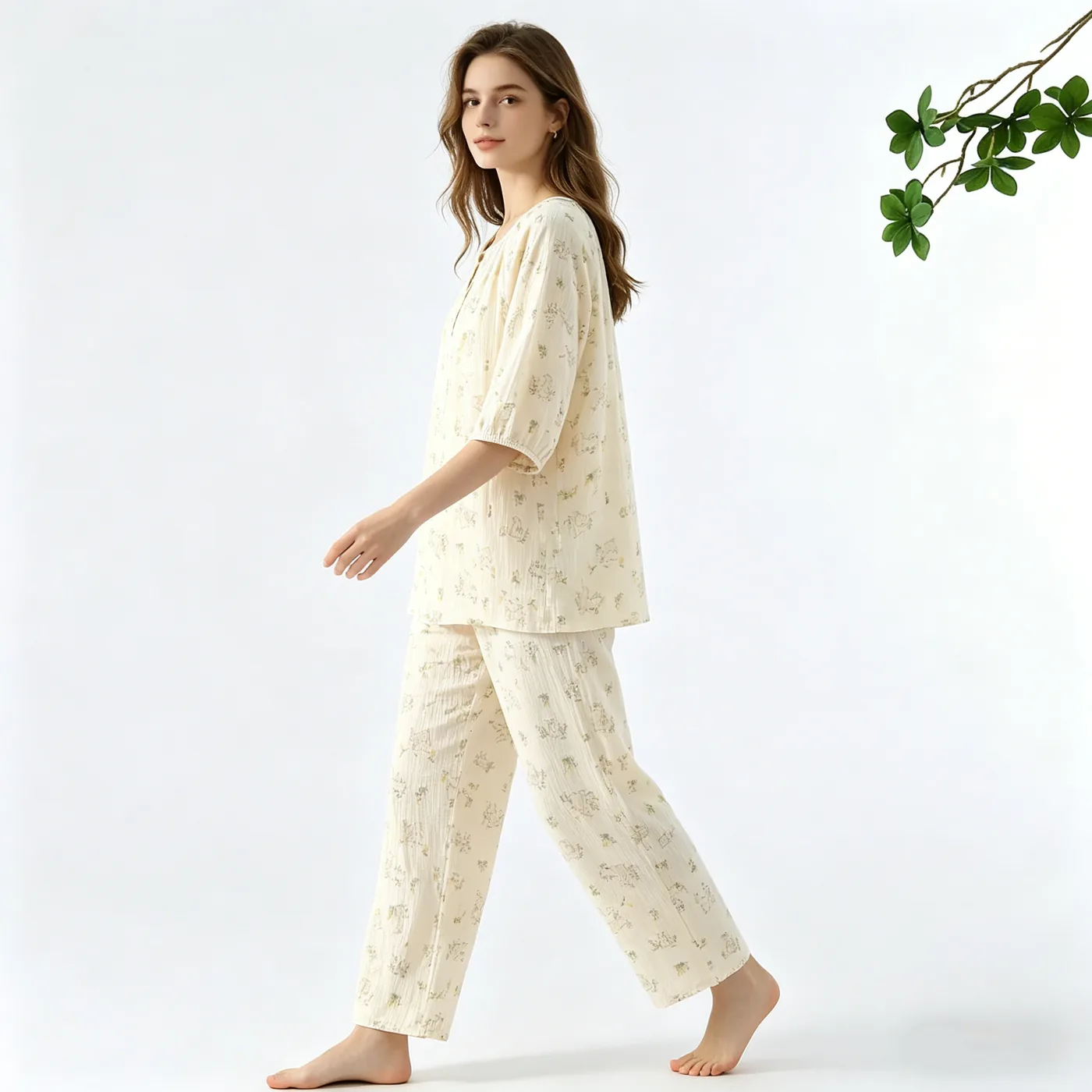 Women's Gauze Cotton Printed Round Neck Pajama Set view 2