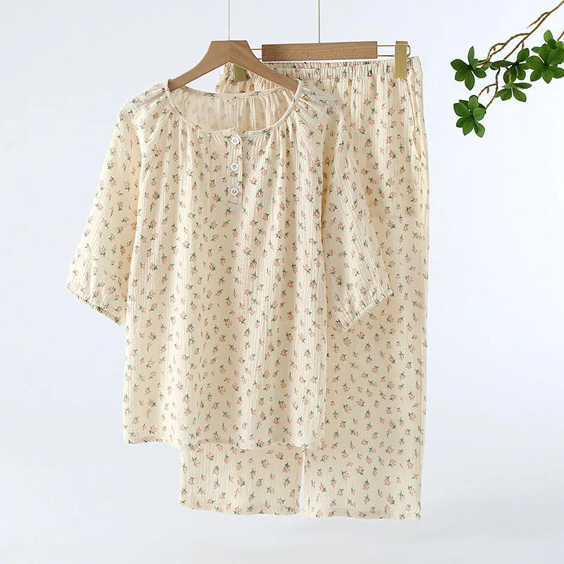 Women's Gauze Cotton Printed Round Neck Pajama Set view 5
