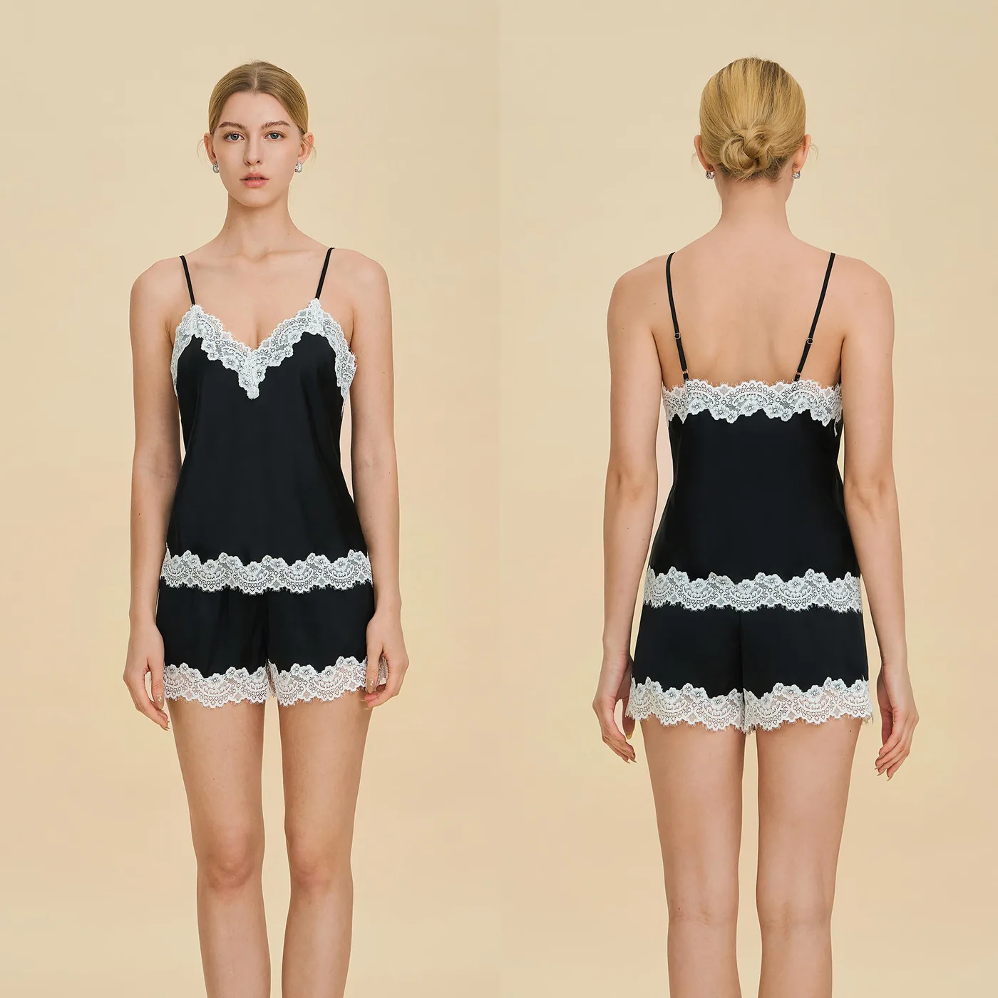 Women's Satin-Style Lace Trim Camisole Pajama Set view 2