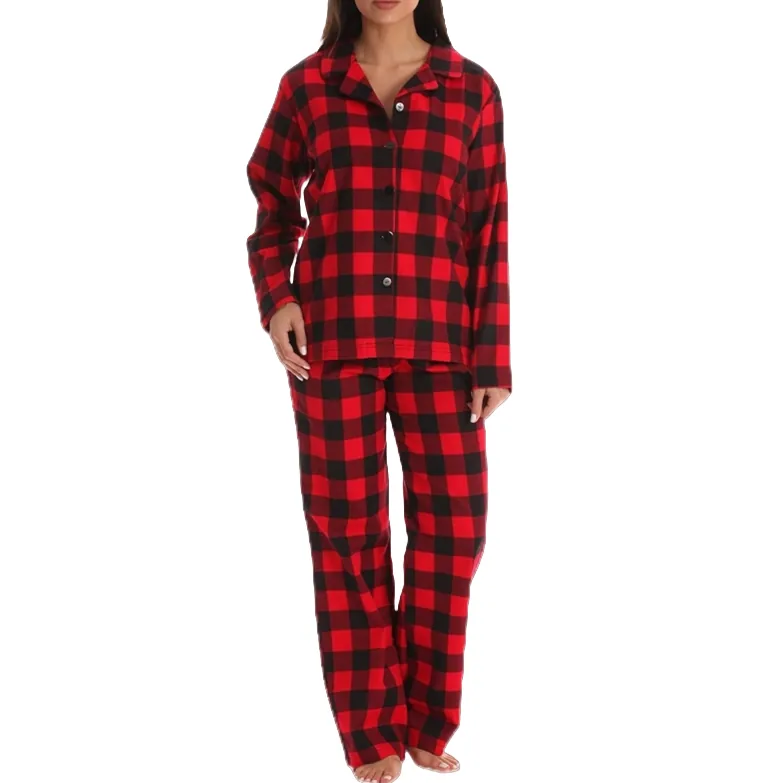 Women's Cotton Plaid Long Sleeve Button-Front Pajama Set