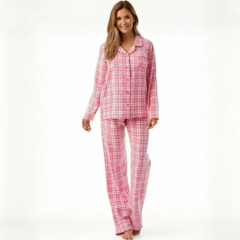 Women's Cotton Plaid Long Sleeve Button-Front Pajama Set view 4