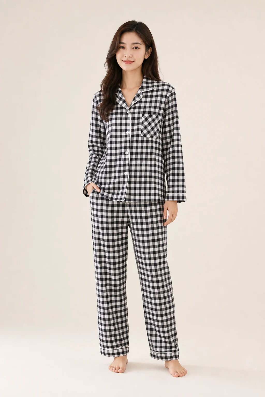 Women's Cotton Plaid Long Sleeve Pajama Set - Black