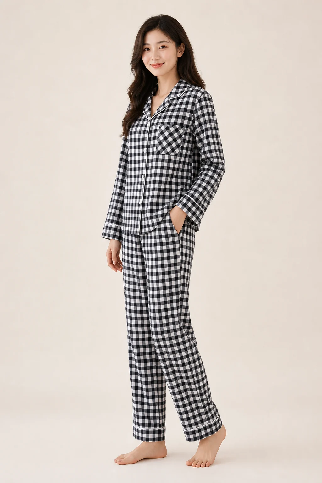 Women's Cotton Plaid Long Sleeve Pajama Set - Black view 3