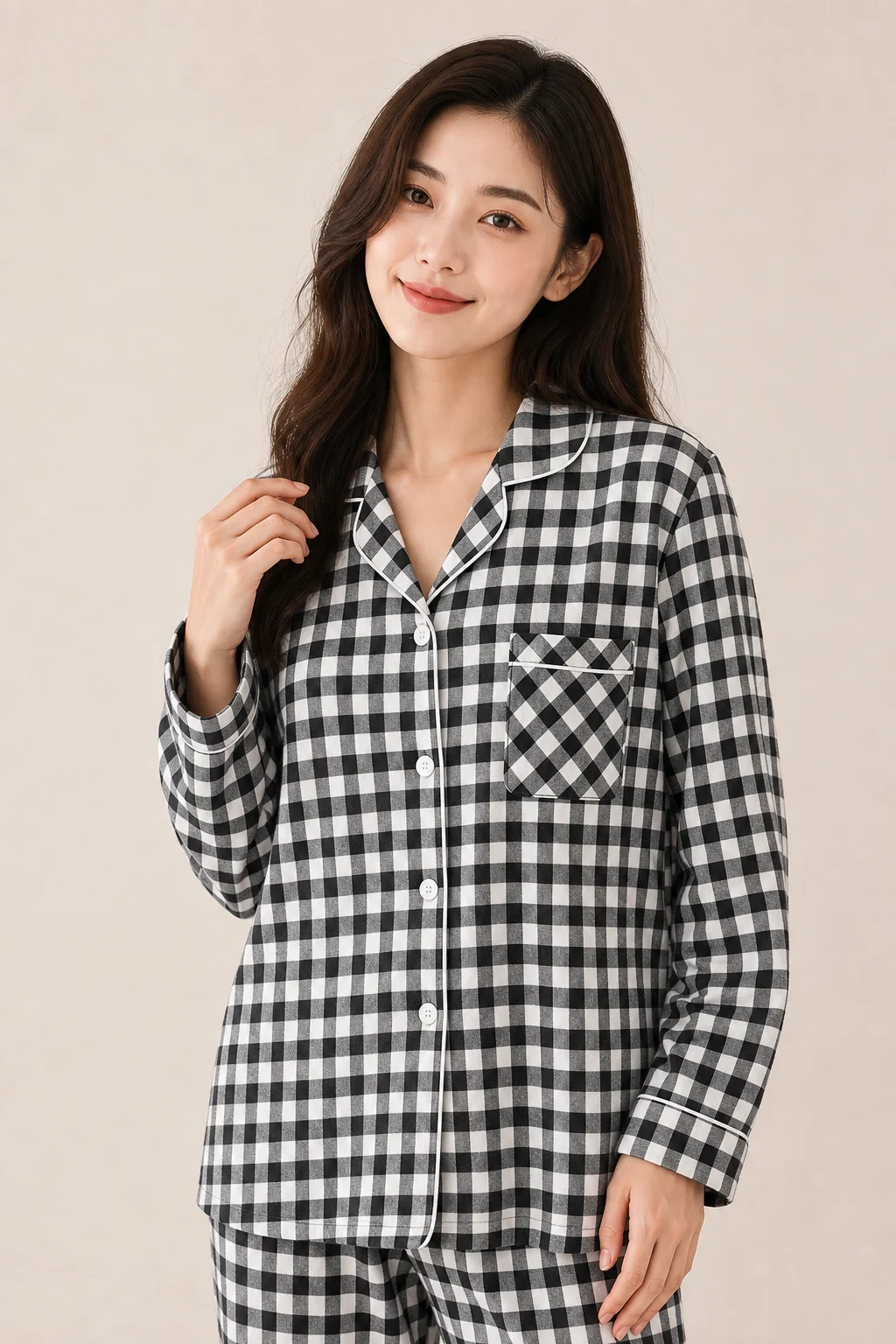 Women's Cotton Plaid Long Sleeve Pajama Set - Black view 4
