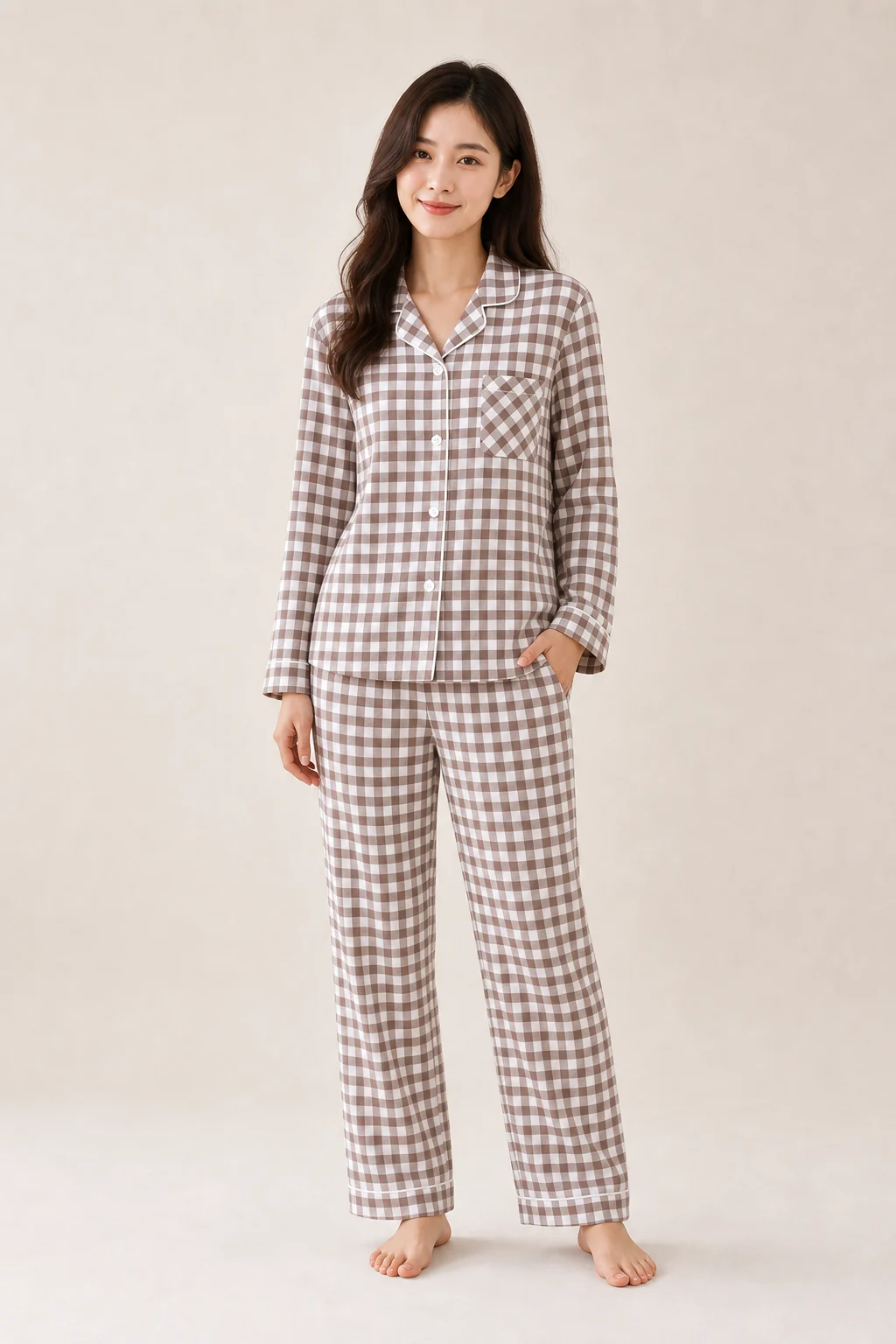 Women's Cotton Plaid Long Sleeve Pajama Set - Brown