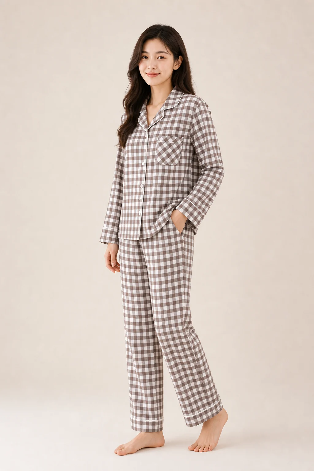 Women's Cotton Plaid Long Sleeve Pajama Set - Brown view 3