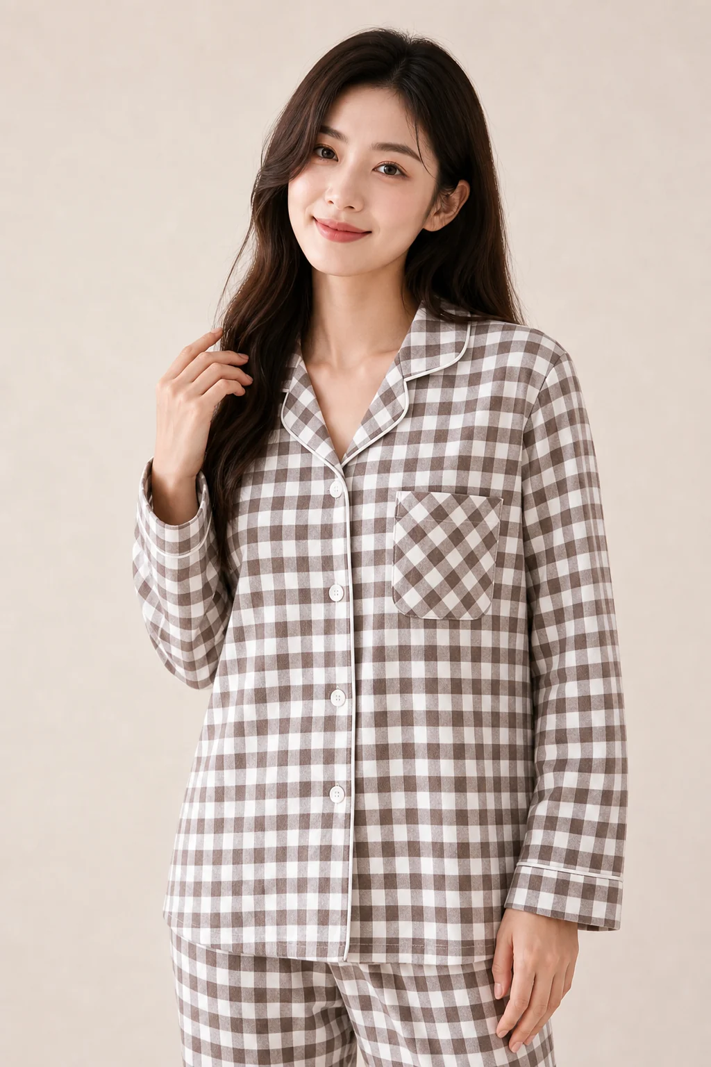 Women's Cotton Plaid Long Sleeve Pajama Set - Brown view 4