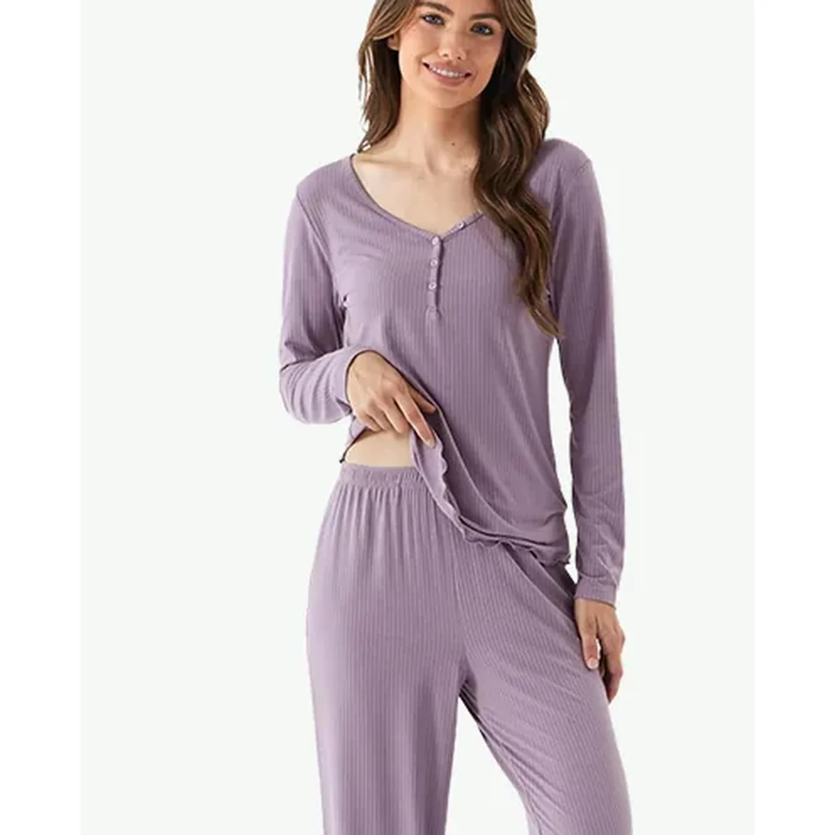 Women's Bamboo Viscose Button-Front Long Pajama Set view 5