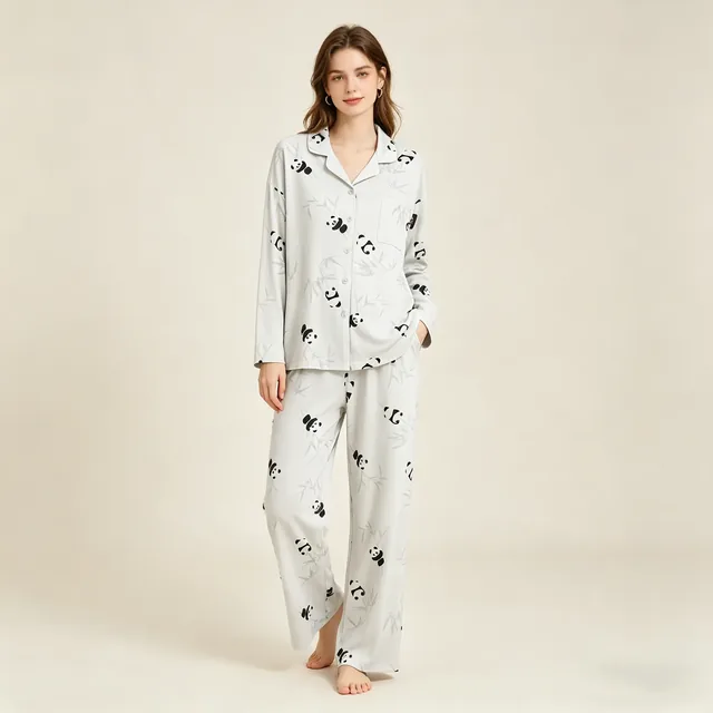 Women's Cotton Knit Panda Print Long Sleeve Pajama Set