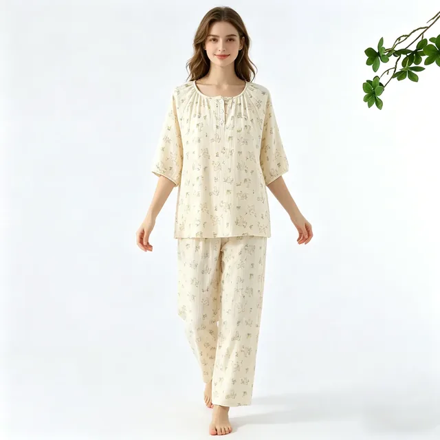 Women's Gauze Cotton Printed Round Neck Pajama Set