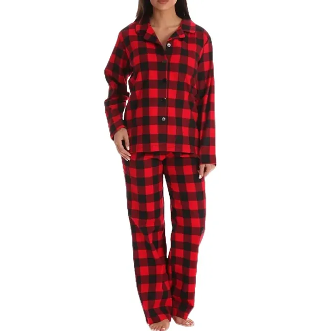 Women's Cotton Plaid Long Sleeve Button-Front Pajama Set