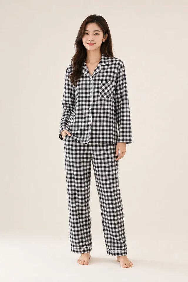 Women's Cotton Plaid Long Sleeve Pajama Set - Black