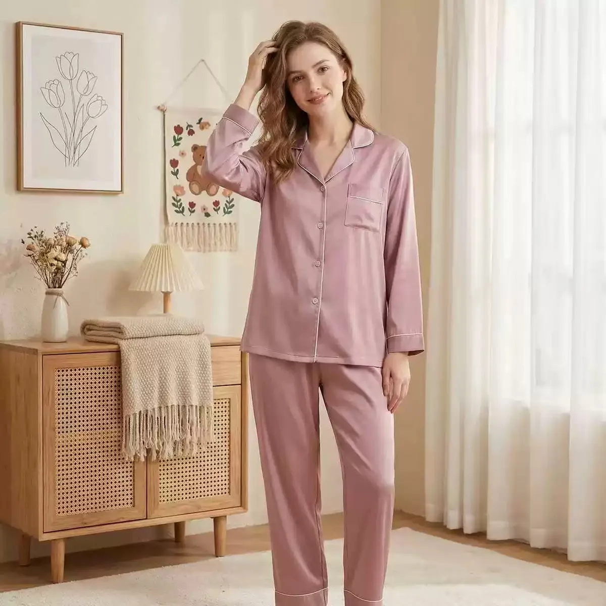 Women's Stretch Satin Short Sleeve Pajama Set view 2